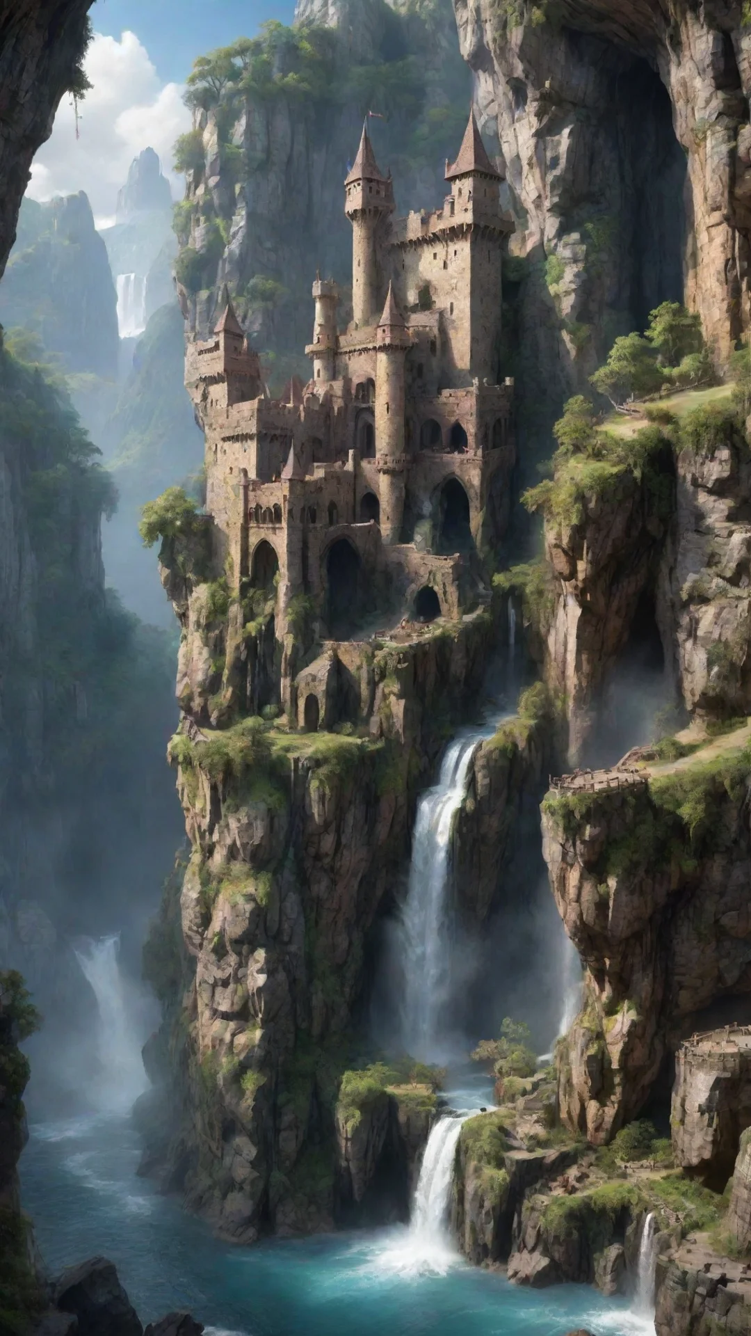 aitrending amazing castle on extreme cliff overhangs caves hd detailed realistic asthetic lovely waterfalls good looking fantastic 1 tall