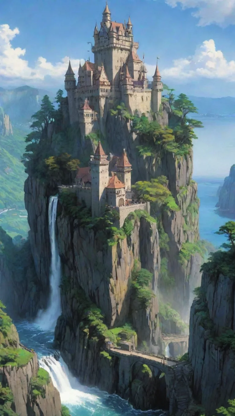 aitrending amazing castle with cliffs and moat waterfall ghibli wow good looking fantastic 1 tall