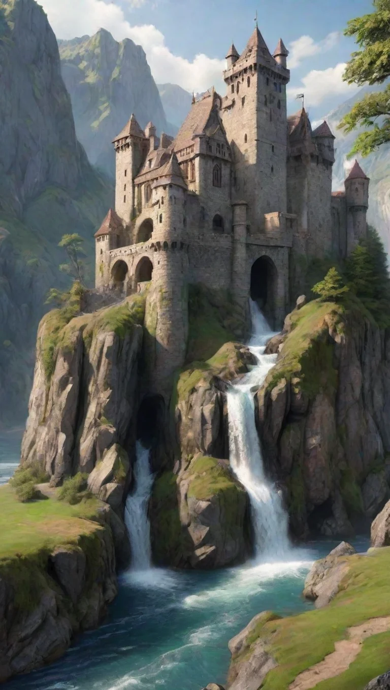 aitrending amazing castle with cliffs and moat waterfall realistic  good looking fantastic 1 tall