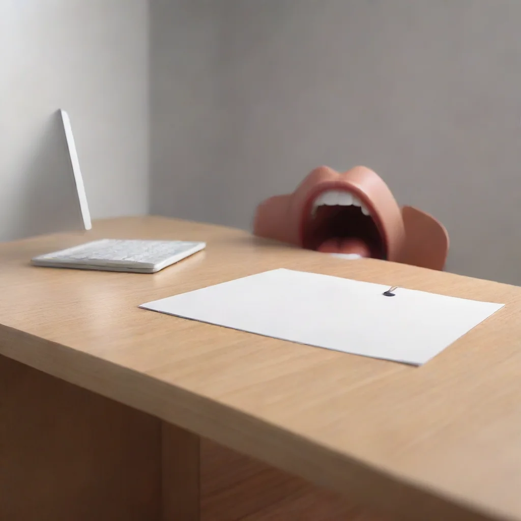 trending an office desk with mouth that talks to a person on a sad office ambient. realistic good looking fantastic 1