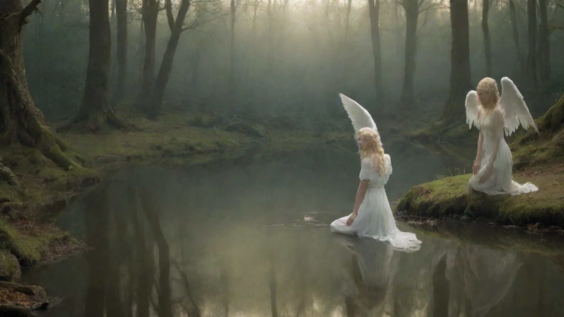 trending angel kneeling by pond looking at reflection with a demon staring back with a forest background good looking fantastic 1 wide
