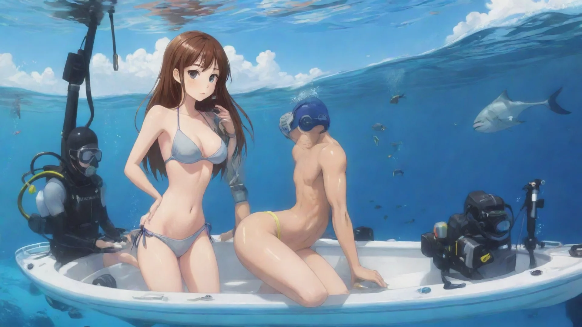 aitrending anime cartoon girl in bikini with her boyfriend in a boat scuba getting ready to scuba dive good looking fantastic 1 hdwidescreen