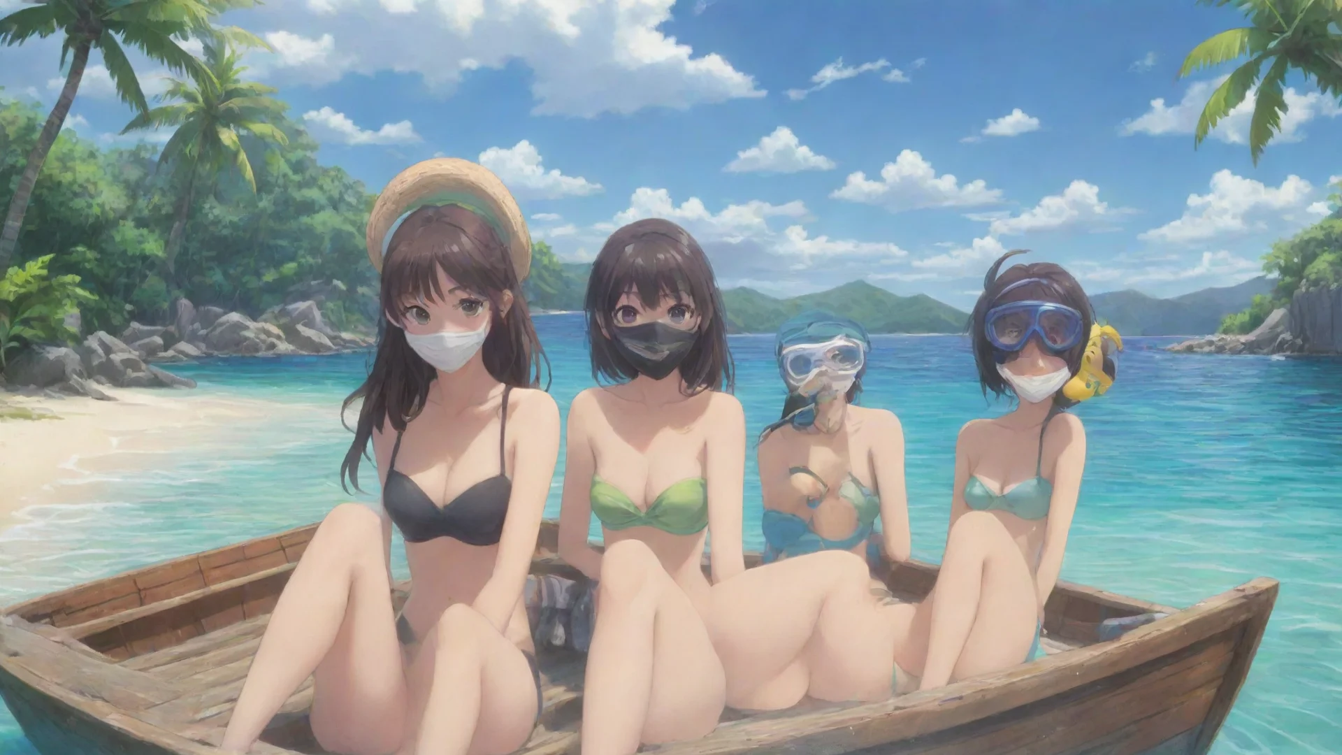 aitrending anime cartoon girls sitting in a boat with snorkling masks in their hand. you can see the tropical beach in the background good looking fantastic 1 hdwidescreen