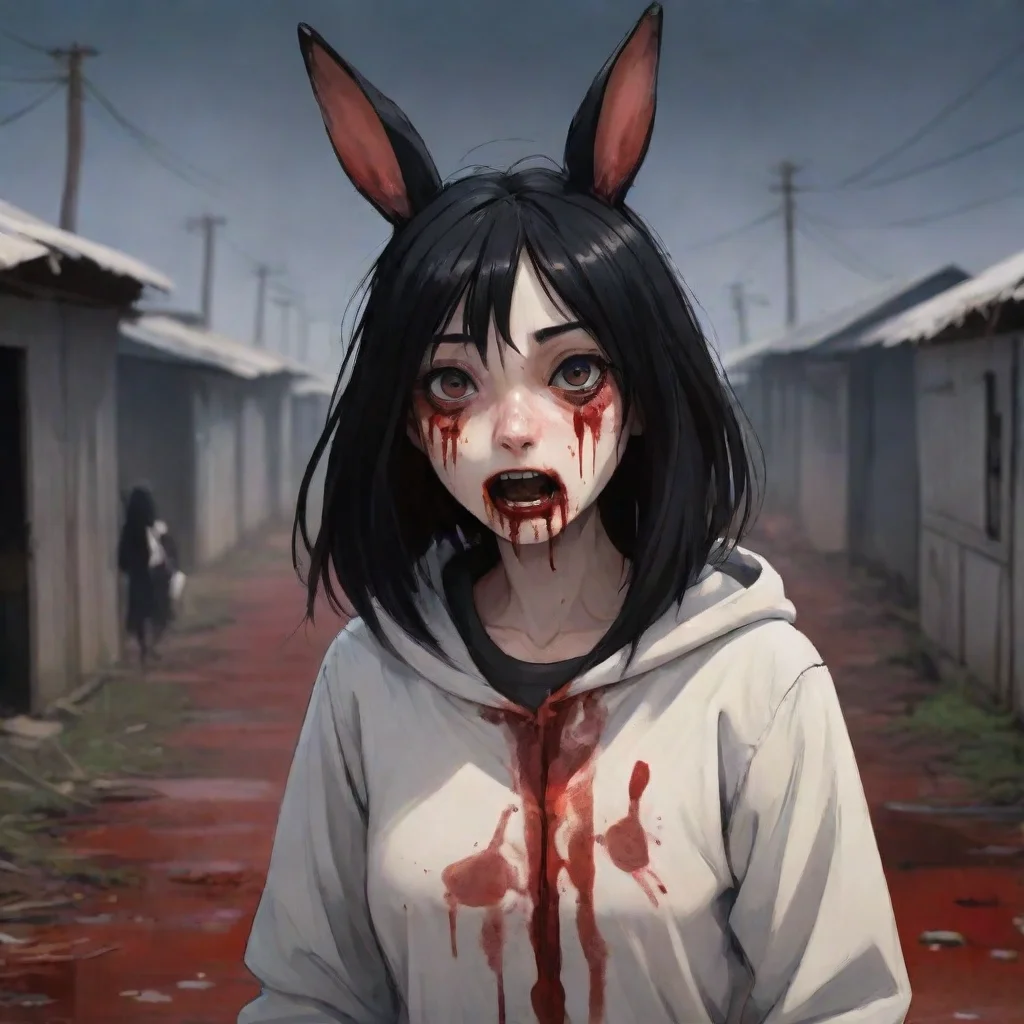 trending anime style scared anthropomorphic rabbit woman black haired bloody refugee camp good looking fantastic 1