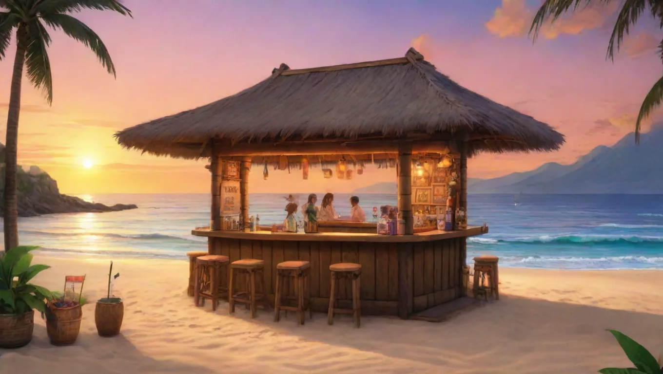 trending anime tiki bar by the beach at sunset good looking fantastic 1 widescreen
