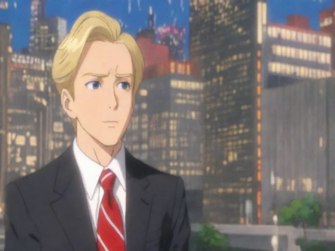 aitrending artistic anime character mayor in suit and red tie blonde hair epic tv interview city backdrop good looking fantastic 1