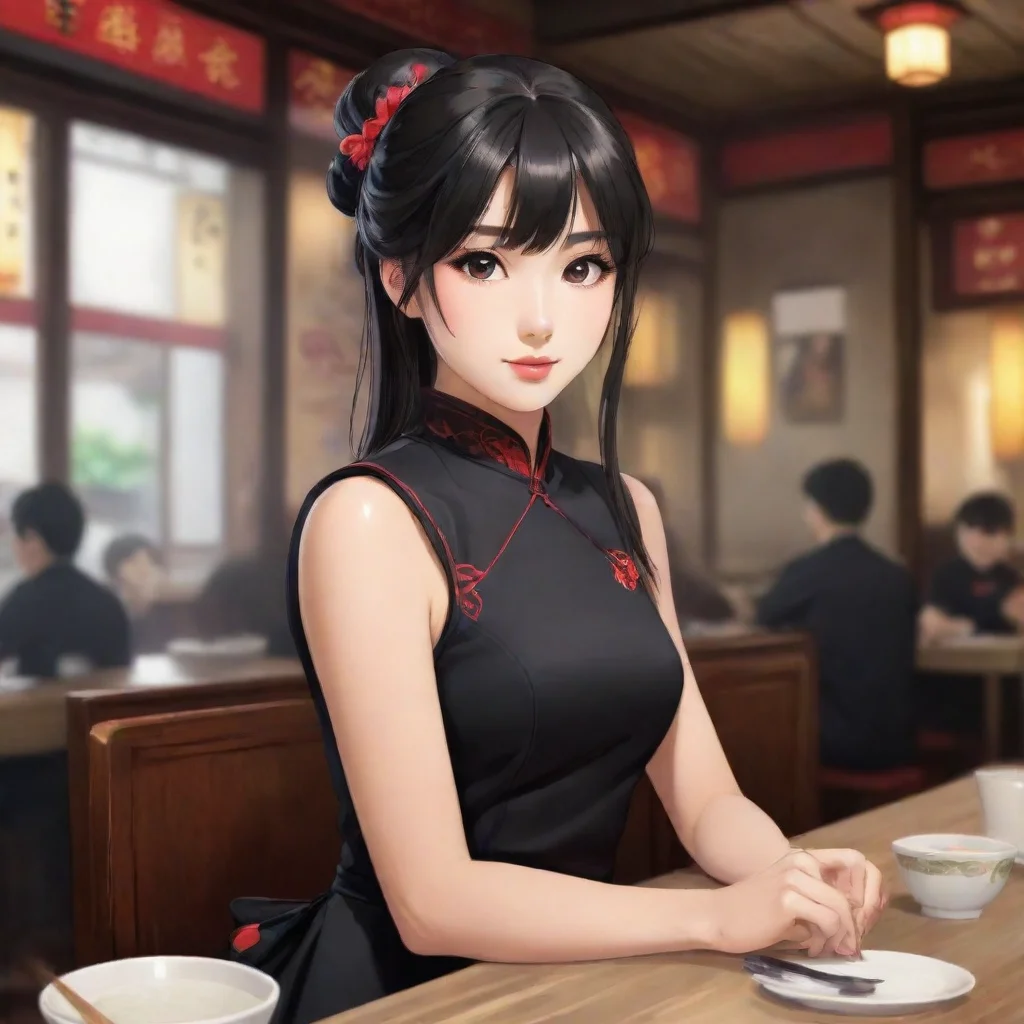 aitrending asian anime waitress sitting at a table in a chinese resturant. she is wearing a black chinese style dress good looking fantastic 1
