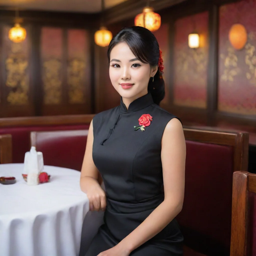 aitrending asian waitress sitting at a table in a chinese resturant. she is wearing a black chinese style dress good looking fantastic 1