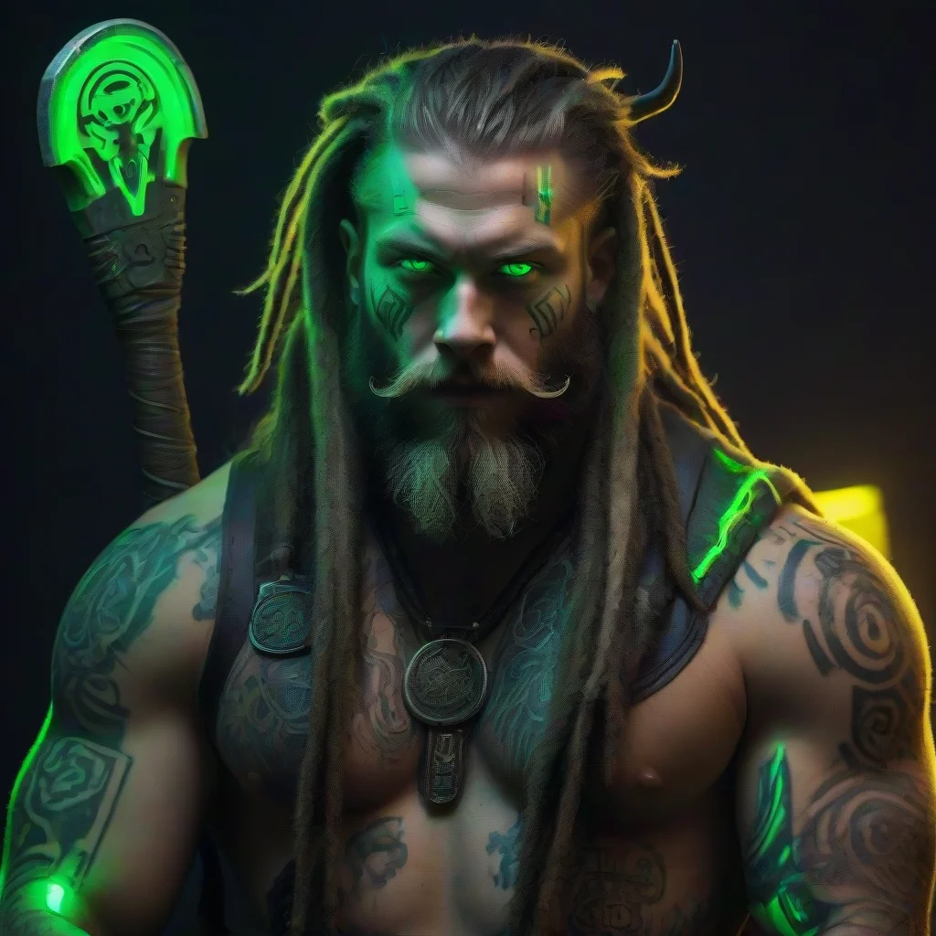 trending bearded dreadlocks cyberpunk neon viking green glow tattooed odin franzika axe good looking fantastic 1