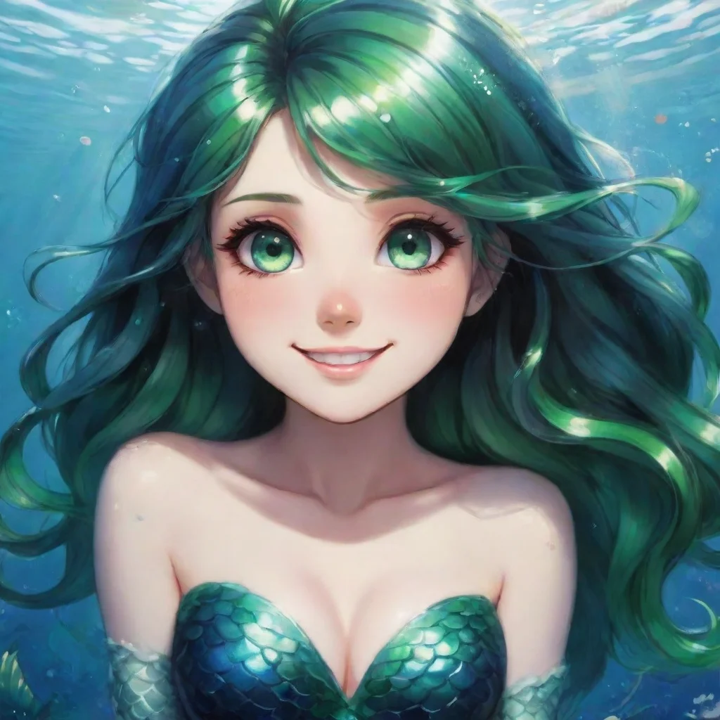 trending beautiful anime mermaid with black and and green eyes smiling good looking fantastic 1