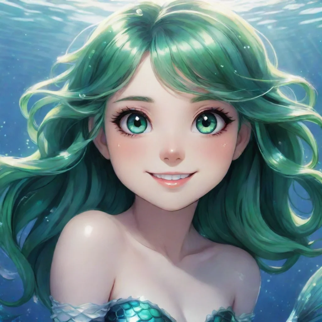 trending beautiful anime mermaid with black and green eyes smiling good looking fantastic 1