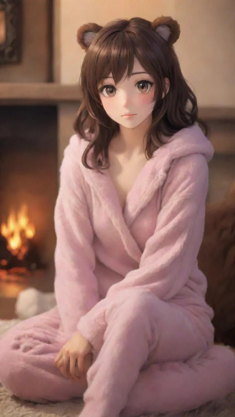 trending beautiful anime woman sitting in front of a fireplace with a bear skin rug and pajamas to keep warm good looking fantastic 1 tall