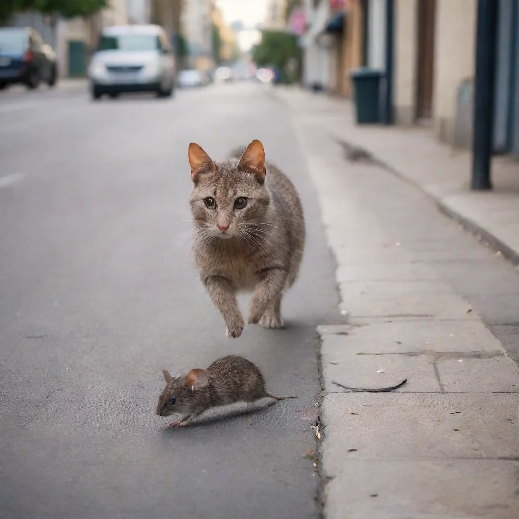 aitrending big mouse chasing a cat in a busy city street. the rats dominate and the cats serve. good looking fantastic 1
