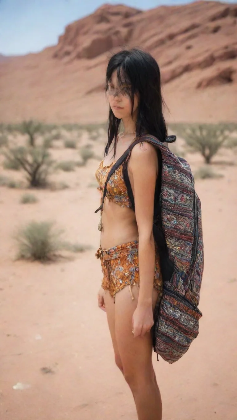 aitrending black haired hippie girl in the desert with backpack about to leave on a journey good looking fantastic 1 tall