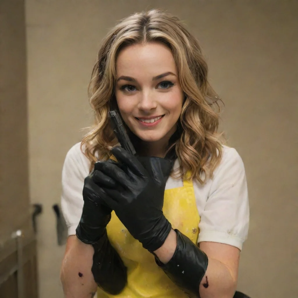 aitrending bridget mendler from lemonade  smiling with black nitrile gloves and gun and mayonnaise splattered everywhere good looking fantastic 1