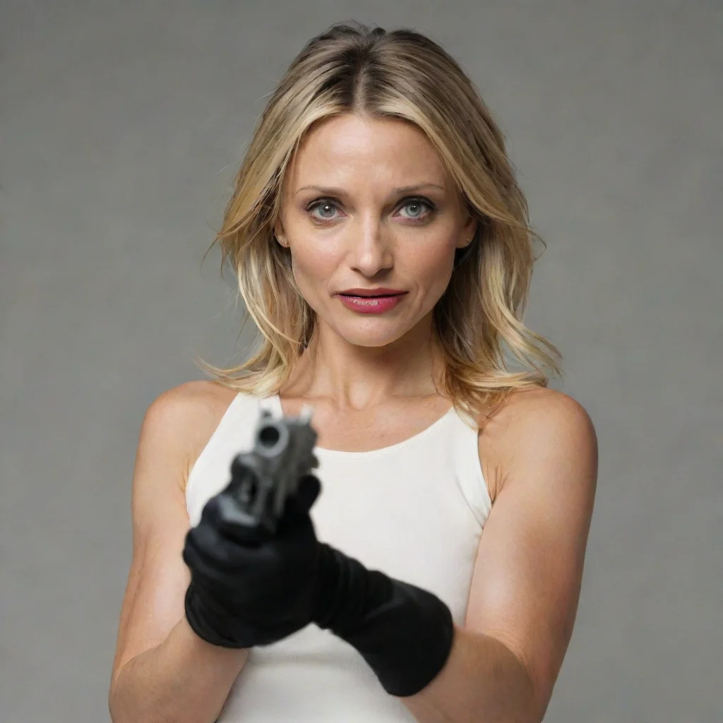 trending cameron diaz  with black gloves and gun shooting mayonnaise out the muzzle of a gun  good looking fantastic 1