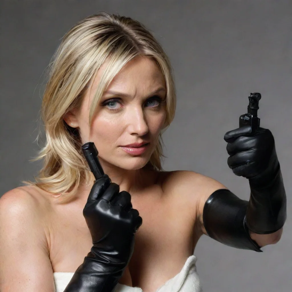 trending cameron diaz with black gloves and gun shooting mayonnaise out the muzzle of a gun  good looking fantastic 1
