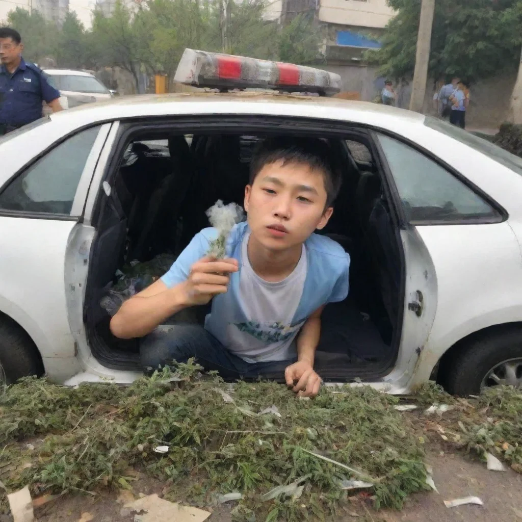 trending chinese boy   smoking weed in a crashed police car good looking fantastic 1