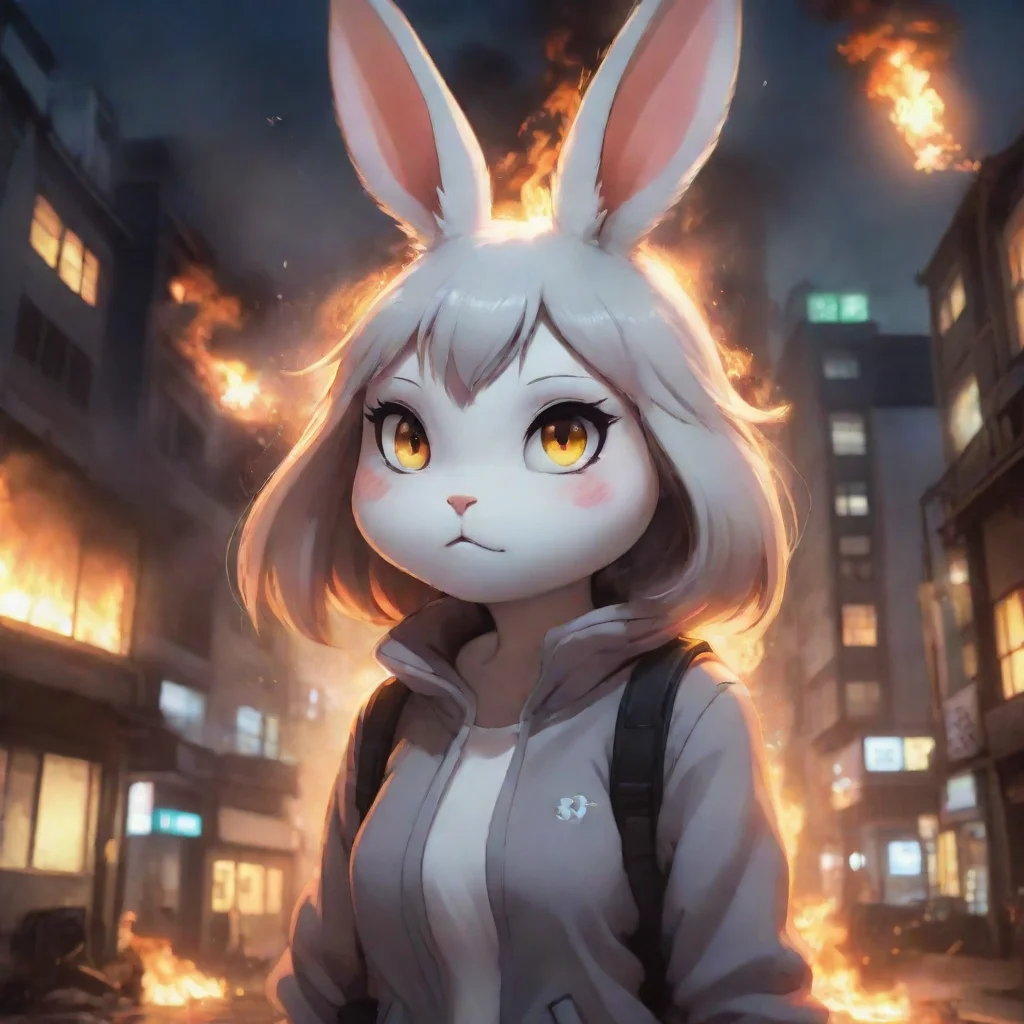 aitrending cute anime style anthropomorphic rabbit woman ptsd burning city warzone nighttime good looking fantastic 1