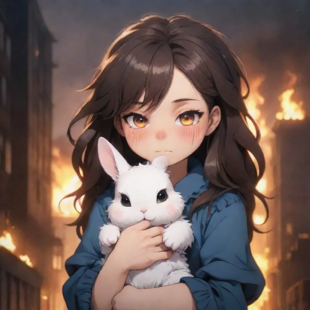 aitrending cute anime style furry rabbit woman ruffled hair crying holding a baby rabbit in a burning city warzone nighttime good looking fantastic 1