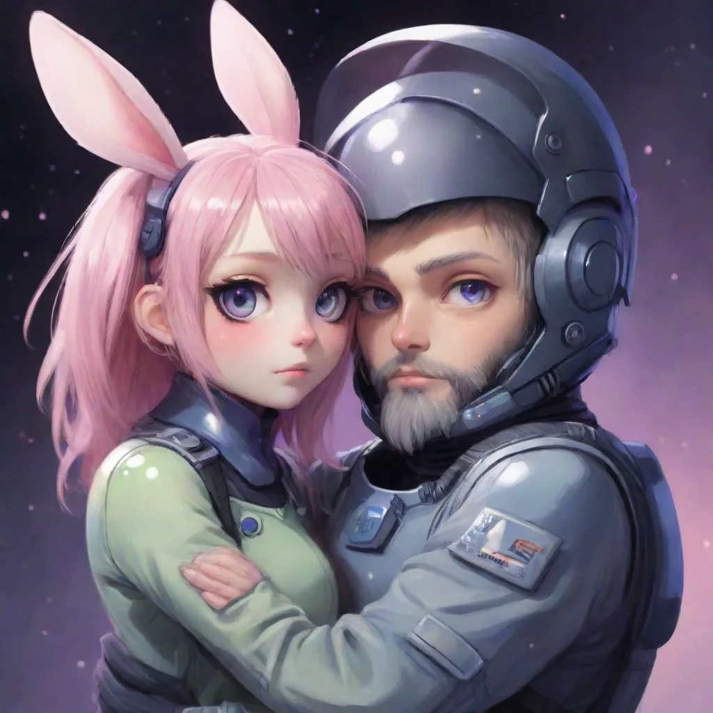 aitrending cute anime styled feminine anthropomorphized alien bunny emo woman hugging a bearded swedish male space soldier good looking fantastic 1