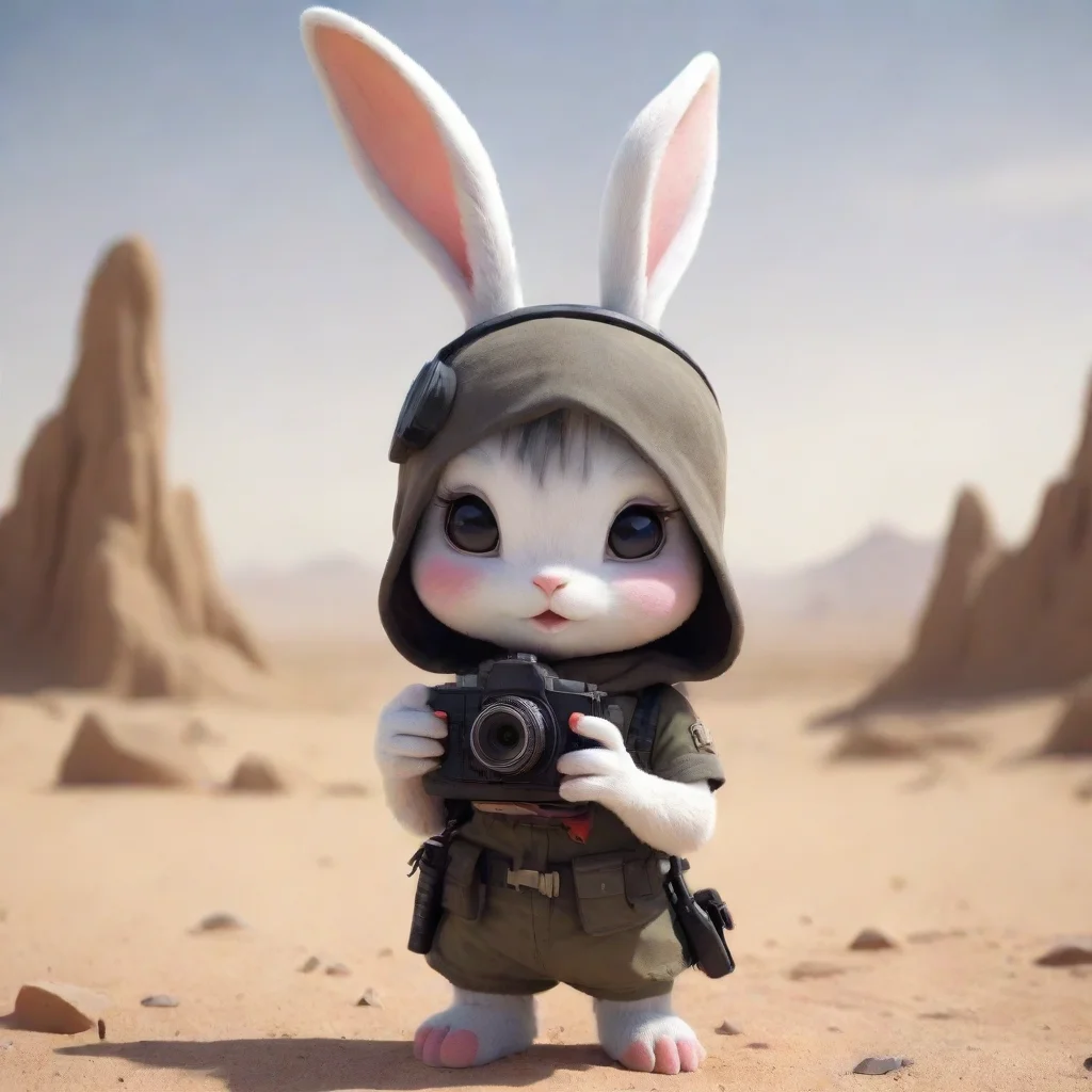 aitrending cute cartoon anthropomorphic emo rabbit woman with camera in warzone desert hd good looking fantastic 1