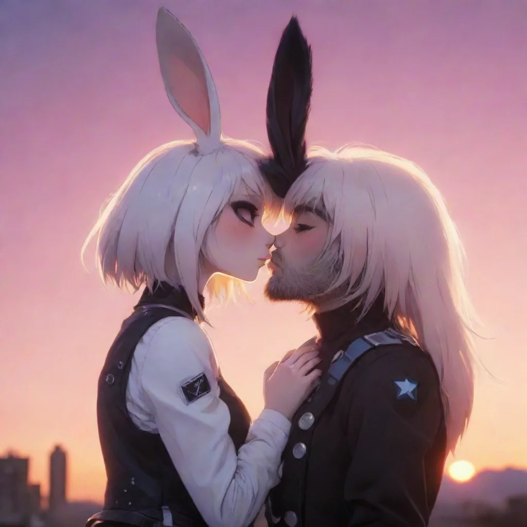 trending cute emo anthropomorphized bunny woman anime style. kissing bearded male swedish space soldier. sunset background. good looking fantastic 1