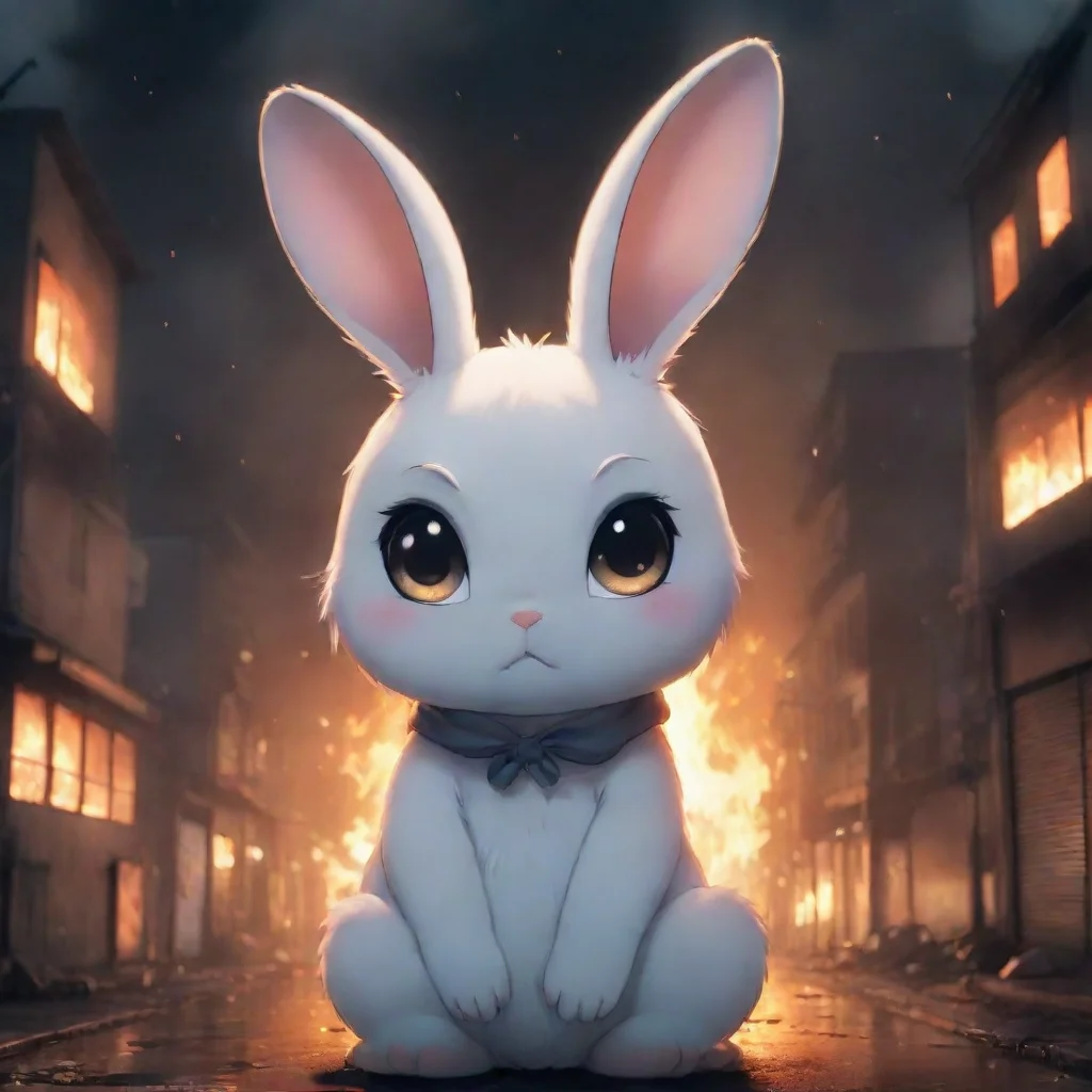 aitrending cute sad feminine anthropomorphic bunny in a burning city nighttime anime style good looking fantastic 1