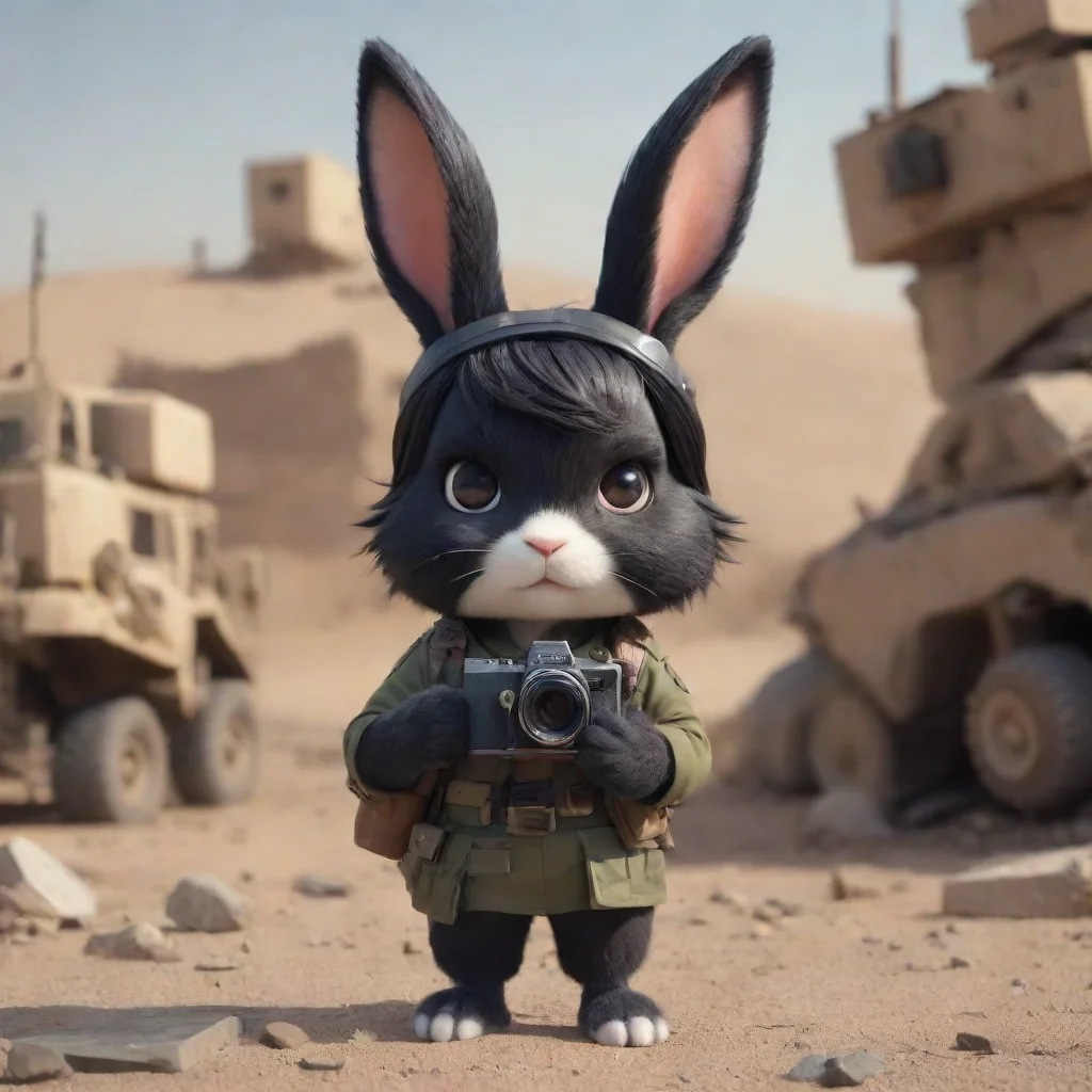 aitrending cute serious cartoon anthropomorphic black haired rabbit woman with camera in warzone good looking fantastic 1
