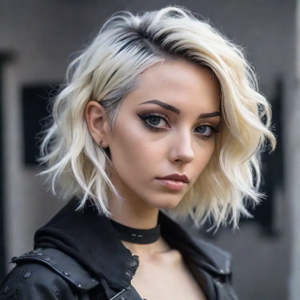 trending cyberpunk nomad with platinum blonde wavy bob with black roots good looking fantastic 1