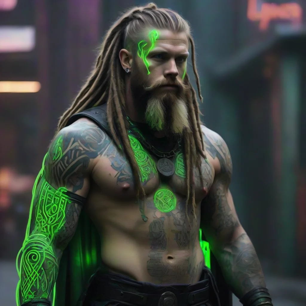 aitrending cyberpunk viking neon green light tattooed bearded dreadlocks wild holy thor matrix  good looking fantastic 1