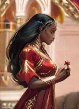 aitrending dark elf with long straight hair wearing a red and white dress with gold trims gently holding a diamond on the palm of her hands with a lion by her side good looking fantastic 1