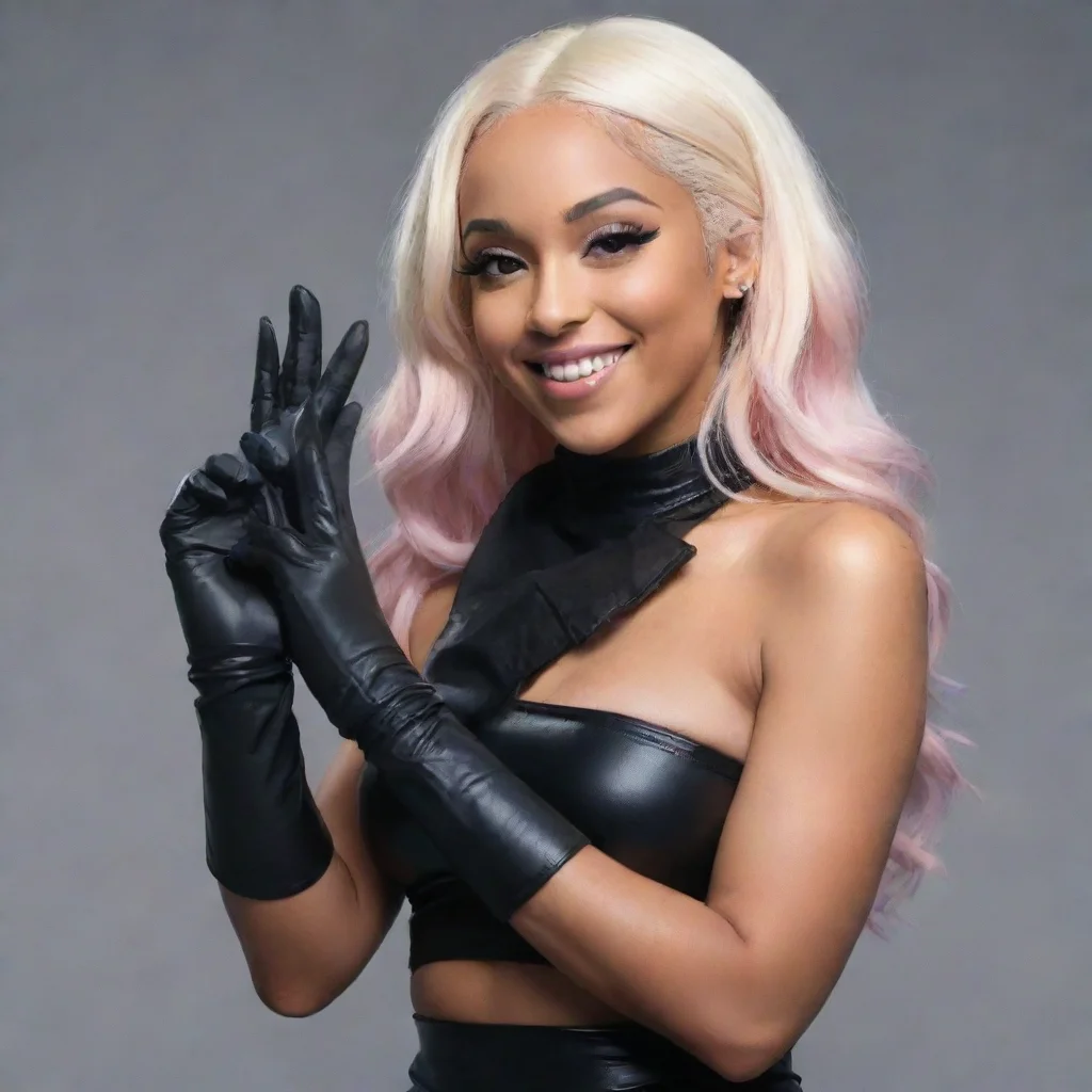 trending doja cat  smiling with   black nitrile gloves and gun  hd good looking fantastic 1