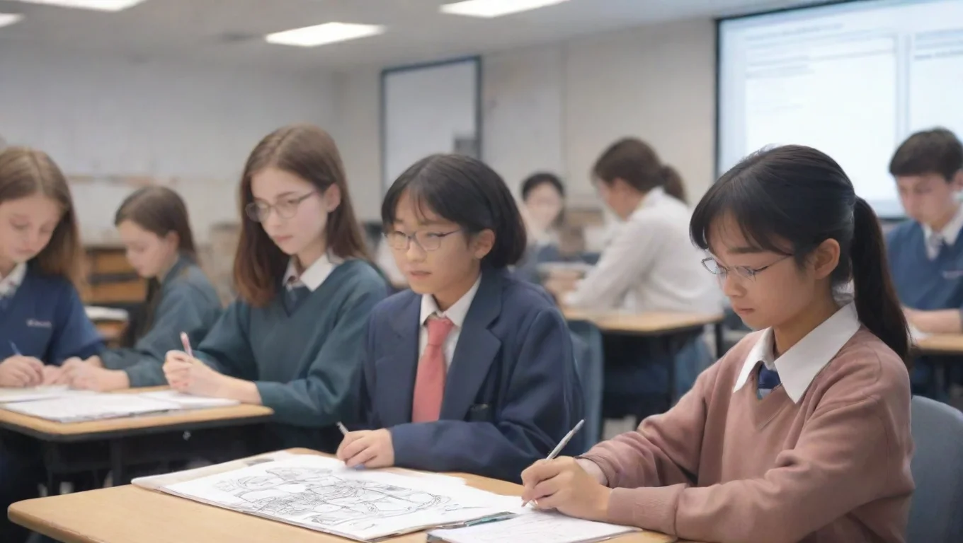trending draw a cover that includes students in a school using ai learning courses 20 years later. it is innovative and has a sense of technology. good looking fantastic 1 widescreen