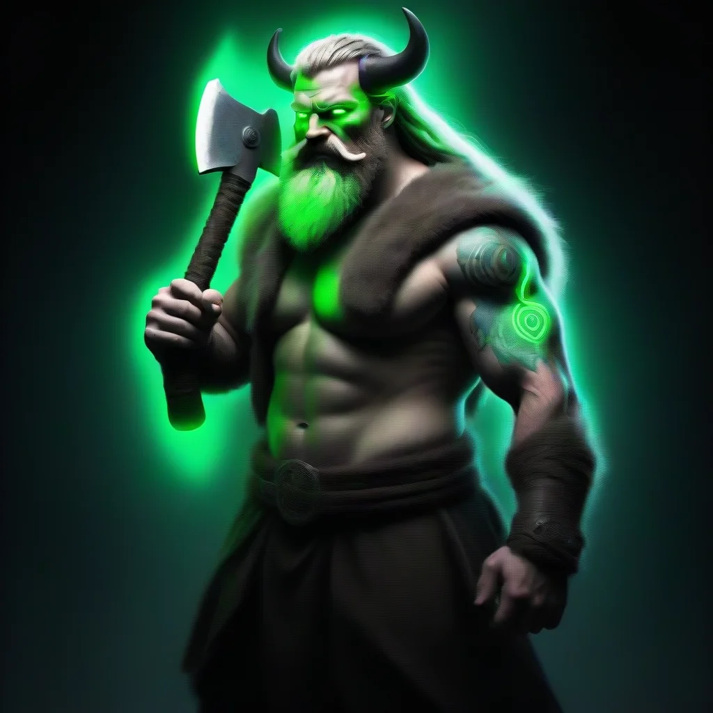 trending dreadlocked  bearded glowing neon green tattooed cyberpunk viking berserk with big axe good looking fantastic 1
