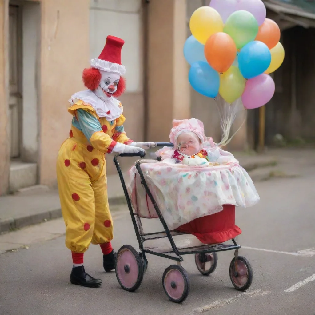 aitrending dressed clown pushing a buggy with a newborn baby in it good looking fantastic 1