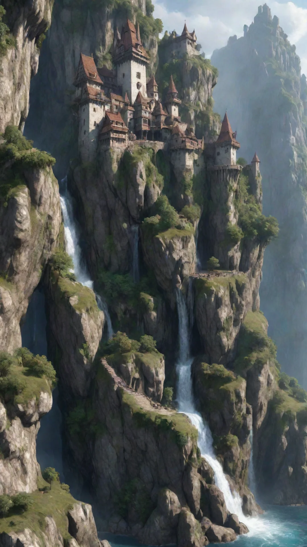 aitrending elfish castle on extreme cliff overhangs caves hd detailed realistic asthetic lovely waterfalls good looking fantastic 1 tall