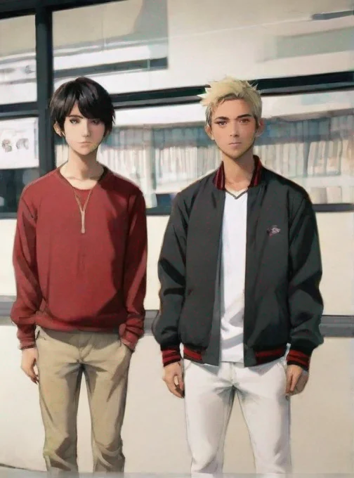 trending epic anime detailed cartoon realistic styled two friends standing side by side good looking fantastic 1