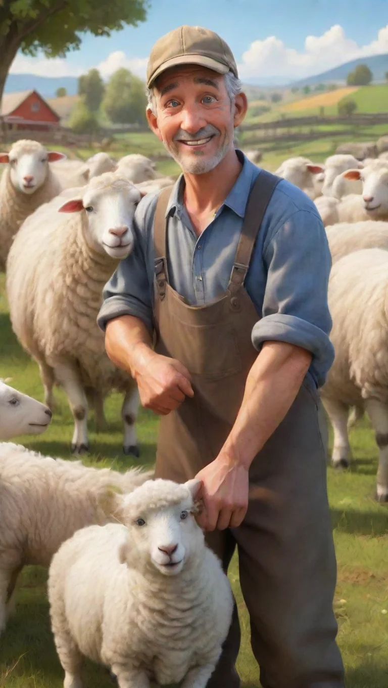 trending farmer with sheep hd detailed aesthetic cartoon realistic happy kind good looking fantastic 1 tall