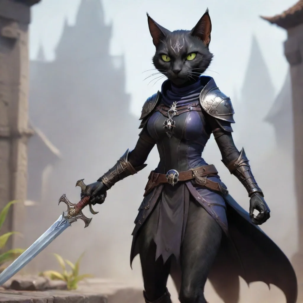 trending female tabaxi black cat with sword and drow scale armor with spider symbol good looking fantastic 1