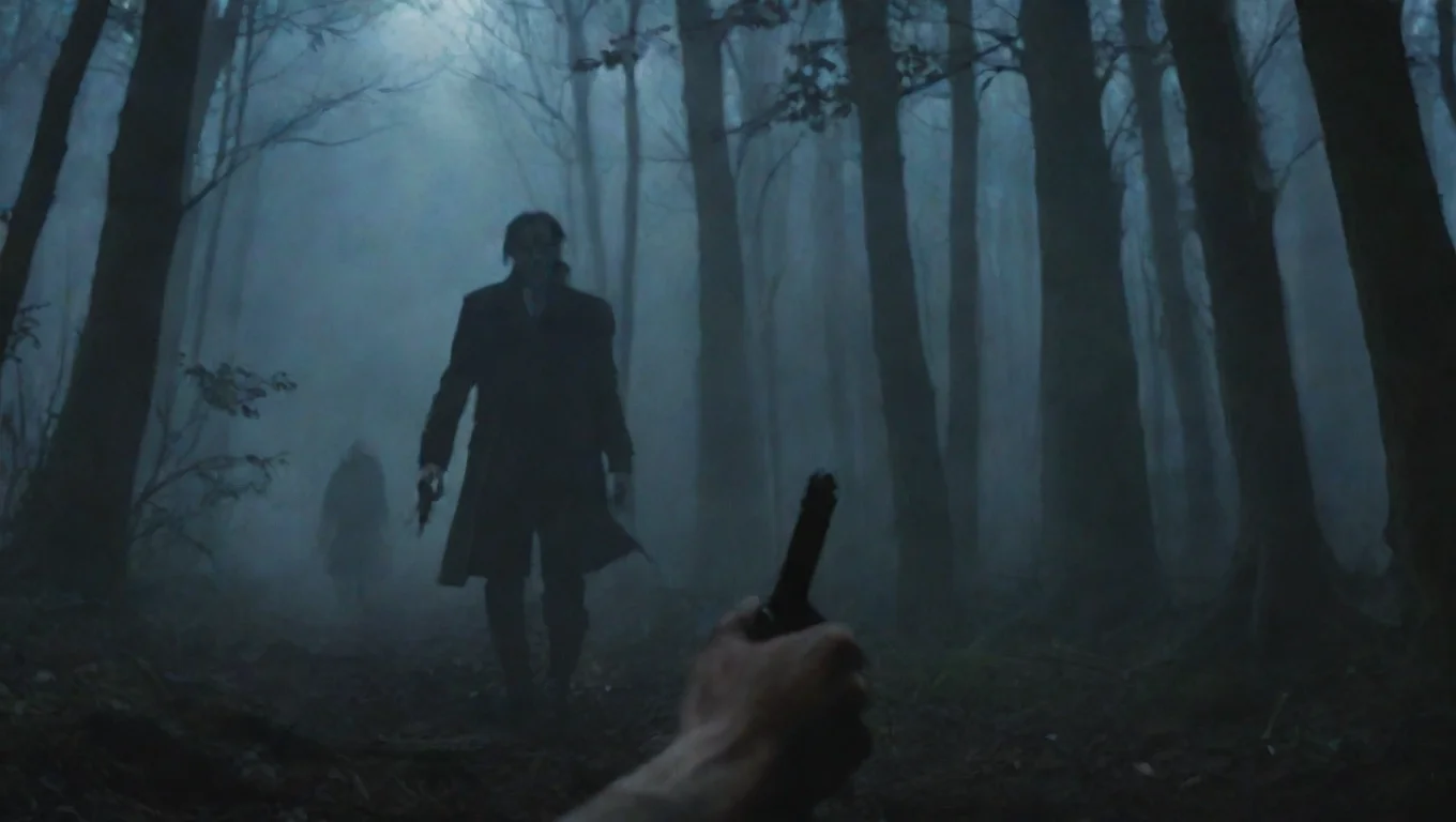 aitrending first person with old rifle pointing at vampire approaching in woods first person hd ghibli anime aesthetic dark horror 1800 vibe good looking fantastic 1 widescreen