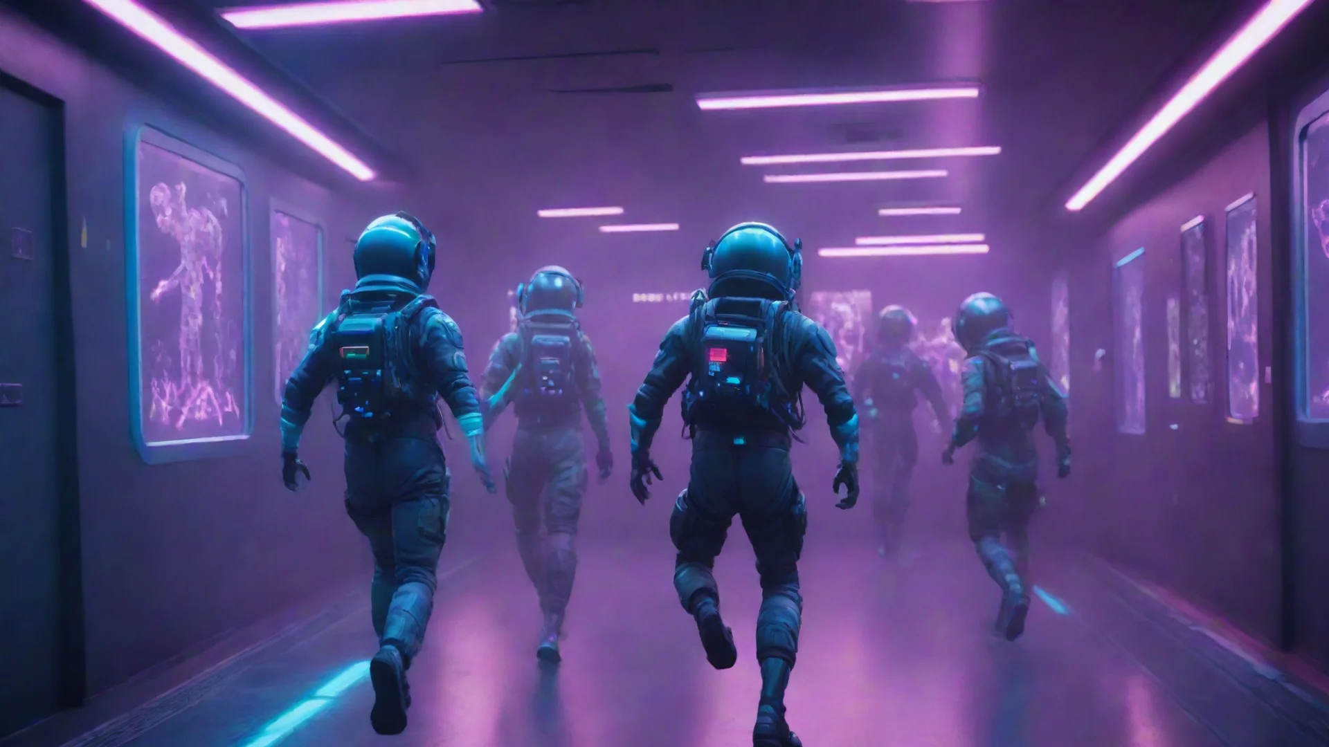 trending fortnite style space suits running away from zombies in space station neon lights illuminating hall good looking fantastic 1 hdwidescreen