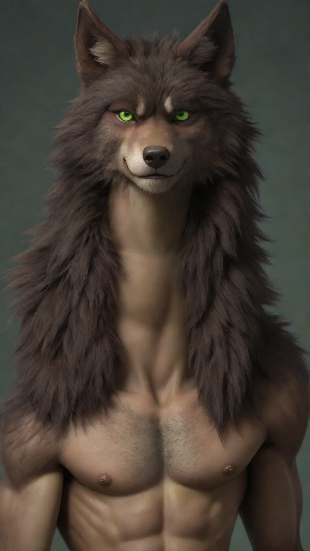 aitrending furry anthropomorphic hd male detailed shirtless toned wolf green eyes dark brown fur good looking fantastic 1 hdtall