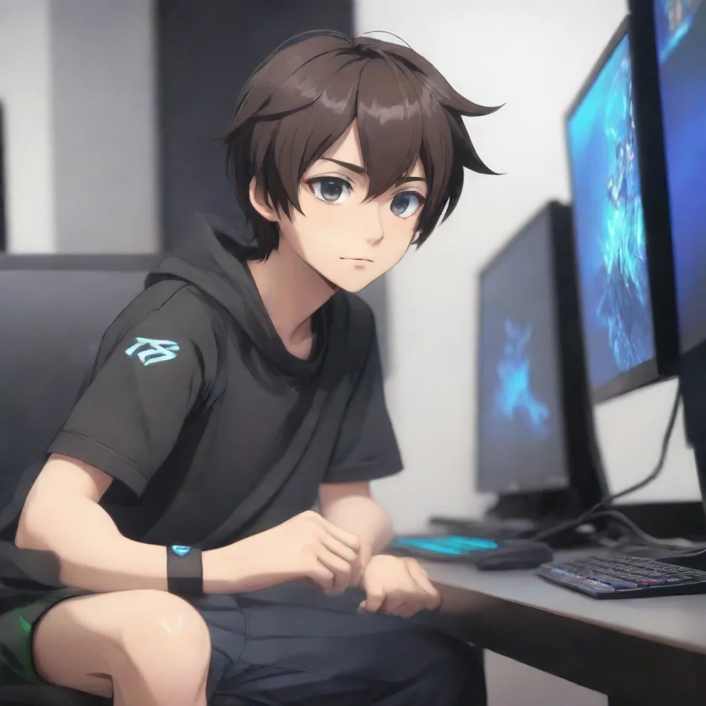 trending gamer boy anime cartoon sitting at a gaming pc good looking fantastic 1