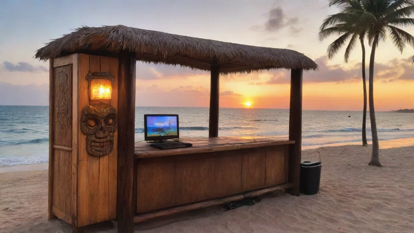 aitrending gaming pc set up at a tiki bar on the beach at sunset. the pc is playing an 8 bit video game good looking fantastic 1 widescreen