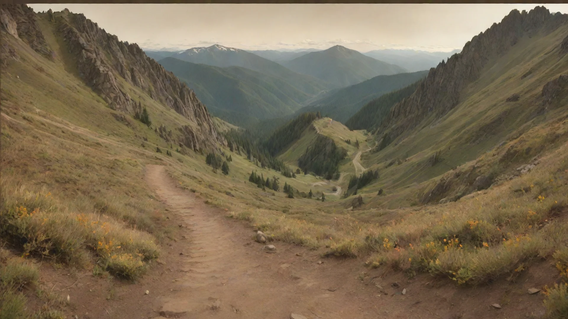 aitrending generate an image of a filmstrip that transform in to a winding trail up a mountain. use earthy colors as well as maybe some orange or yellow. good looking fantastic 1 wide