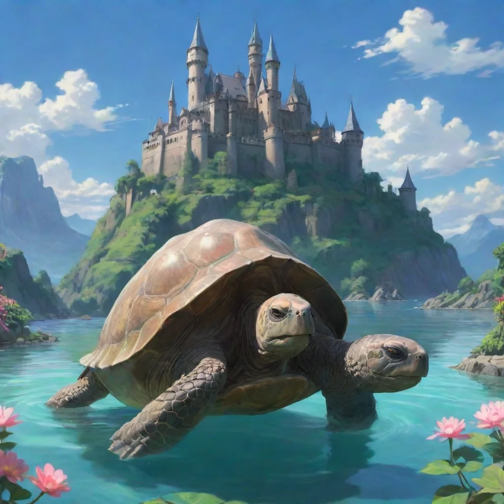 aitrending giant tortoise with castle on back giant anime ghibli pristine aesthetic castle flower background water background good looking fantastic 1