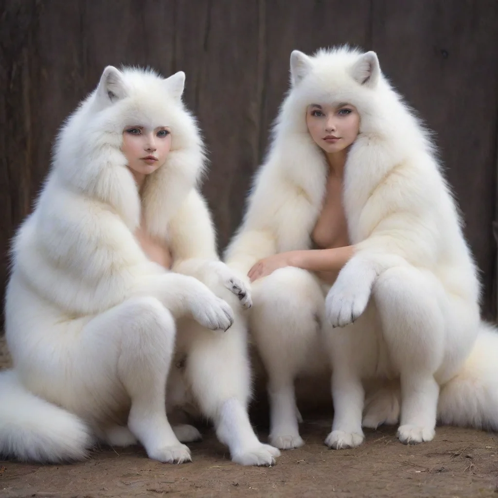 aitrending giant white arctic foxes sitting with a human midtransformation covered in arcticfox fur good looking fantastic 1