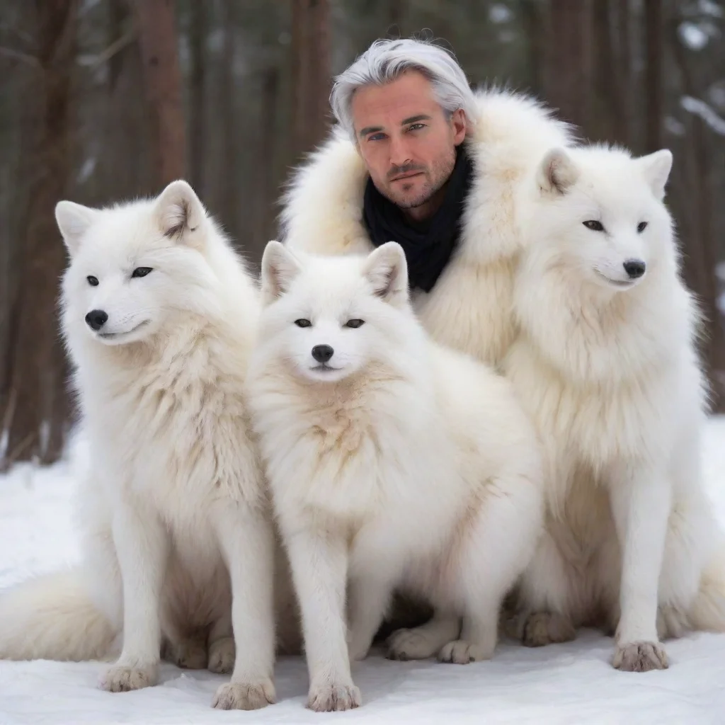 aitrending giant white arctic foxes sitting with a male human midtransformation covered in arcticfox fur good looking fantastic 1