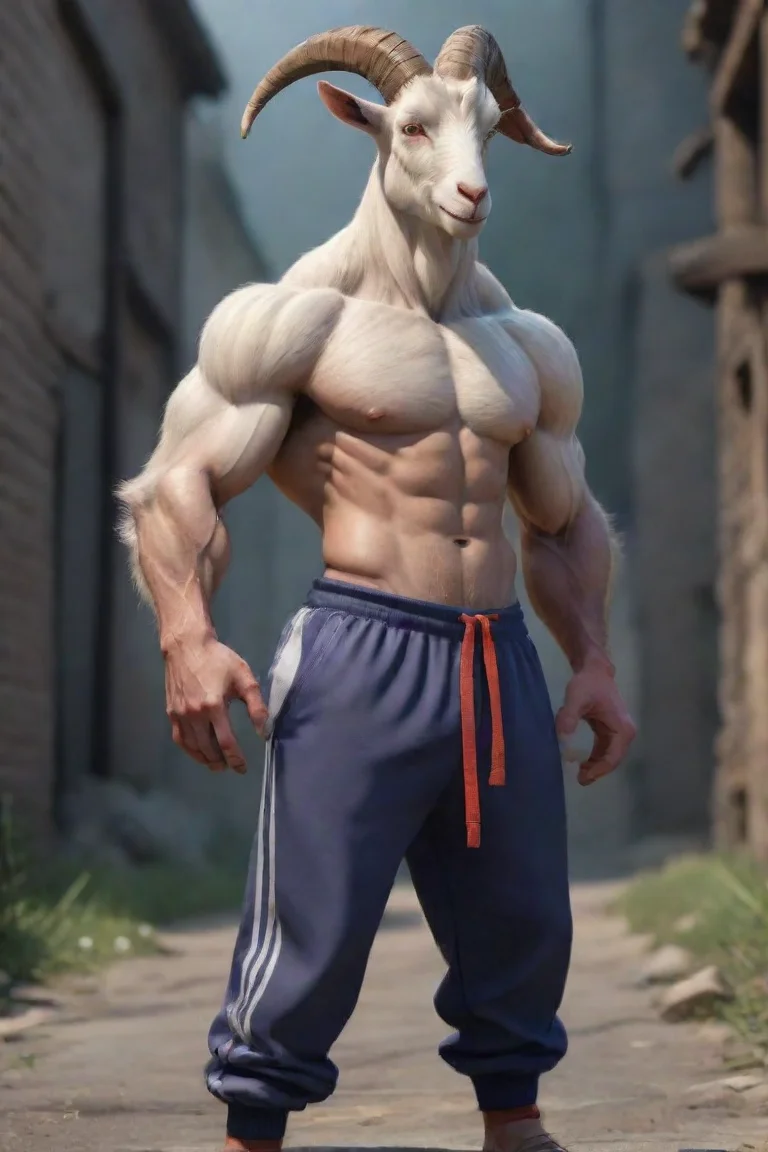 aitrending goat powerful arms wearing trackpants human cross goatman hd aesthetic realistic cartoon style epic good looking fantastic 1 portrait